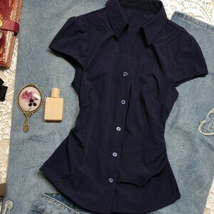 Original Navy Blue Waist Slim Short Sleeve Blouse Women